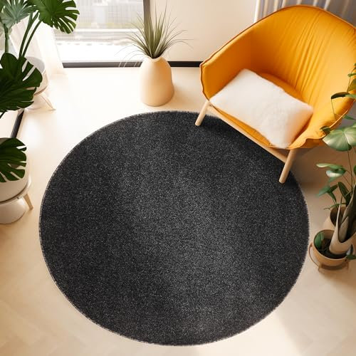 SIMPEX Kurzflor Teppich Rund Wohnzimmer Schlafzimmer Läufer Flur Esszimmer Küchenteppich Einfarbig Modernes Design 11 mm Florhöhe Soft Flauschig Kuschelweich, Anthrazit, 200 cm Rund