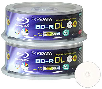 50 Pack Ridata Blu-ray BD-R DL Dual Layer 6X 50GB White Inkjet Hub Printable Recordable Blank Media Disc with Spindle Packing