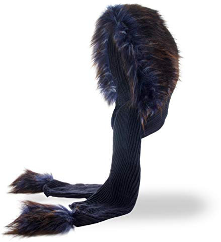 Futrzane Classic Kapuzenschal - Winter Schalmütze Damen - Mützenschal mit Fell (One Size, Marineblau - Marineblau mit Braun Classic)
