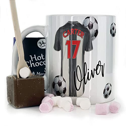 Personalised Mug and Belgian Milk Chocolate/Hot Chocolate Stirrer Marshmallow Gift Set, Custom Name/Number/Text on (11oz) White, Blue, Black, Pink Mug with Black and White Stripe Football Shirt