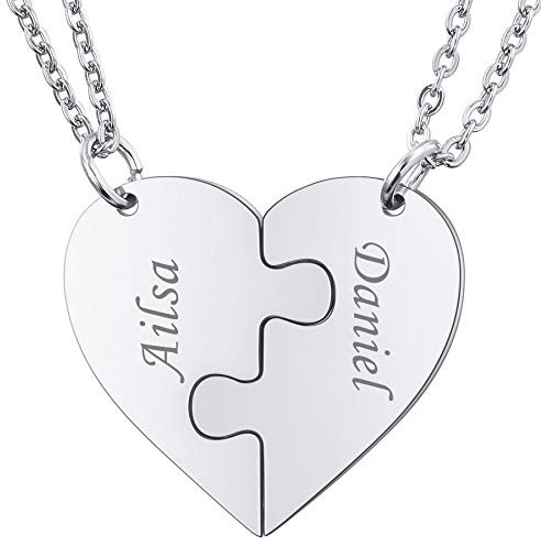 MeMeDIY Personalisierte Herz Anhänger Puzzle Halskette Name für Paare Männer Frauen Gravur für Freund Freundin Edelstahl Liebhaber Set Schmuck Familie Liebe Freundschaft(2 Stücke)