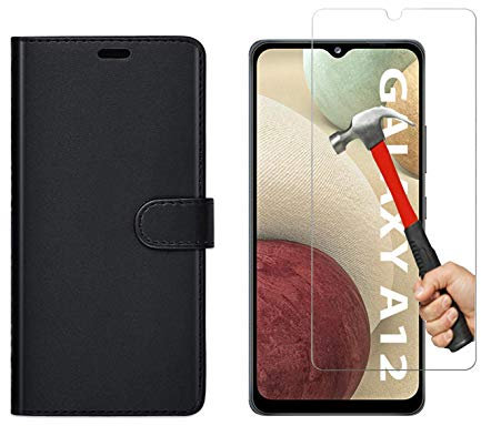 KP TECHNOLOGY Galaxy A12 Case, Galaxy A12 Book Flip Leather Wallet Cover with Tempered Glass Screen Protector for Samsung Galaxy A12 (BLACK)