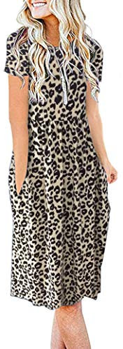 AUSELILY Summer Dresses for Women Short Sleeve Knee Length with Pockets Loose Pleated Empire Dress T-Shirt Dresses Leopard