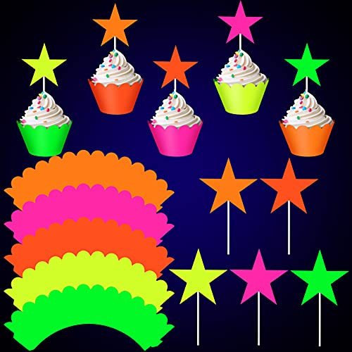Spakon 40 Pieces Glow Party Neon Party Supplies Neon Cupcake Wrappers Neon Star Cake and Cupcake Toppers for Glow Neon Birthday Party Wedding Decoration Black Light Reactive Party Halloween