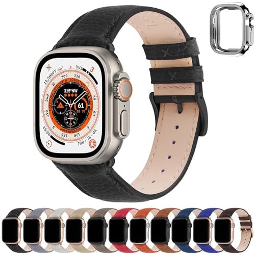 Fullmosa Kompatibel mit Apple Watch Armband 44mm 45mm 46mm 49mm 42mm 41mm 40mm 38mm, Echtes Leder Ersatzarmbänder für iwatch Ultra SE Series 10 9 8 7 6 5 4 3 2 1, Schwarz+Rauchgraue Schnalle