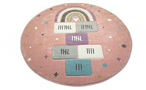 Teppich-Traum Kinderzimmer Teppich Spielteppich mit Sternen Hüpfspiel Himmel & Hölle Herz Regenbogen rosa grün Creme Größe 160 cm Rund