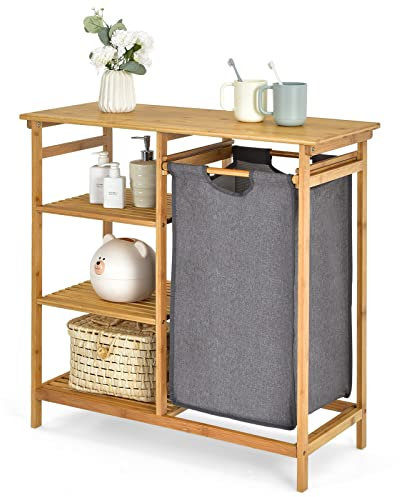 CASART Bamboo Laundry Basket, Bathroom Floor Cabinet Dirty Clothes Laundry Hamper with Pull-Out Bag & 3-Tier Open Shelves, Washing Laundry Bin Storage Organizer Shelf for Laundry Room