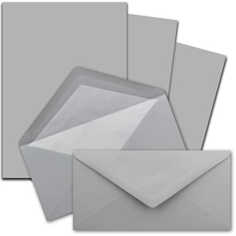 25x Briefpapier-Sets DIN A4 und DL gefütterten Briefumschlägen mit weißem Seidenfutter, Nassklebung - Hellgrau - mattes Schreibpapier