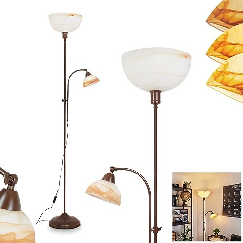 HOFSTEIN Stehleuchte Voleyrac, antike Bodenlampe aus Metall/Glas in Braun/Alabasterfarben/Weiß, Stehlampe mit Fußdimmer + An-/Ausschalter am Kabel, 1 x E27 + 1 x E14, ohne Leuchtmittel