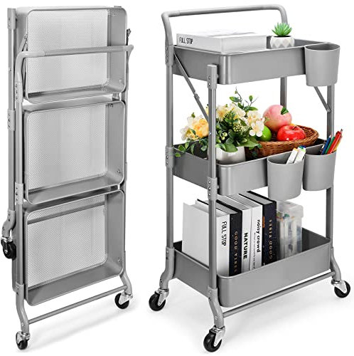 Faltbarer Rollwagen mit 3 Etagen, Metall, zusammenklappbar, mobil, multifunktional, Aufbewahrungswagen für Zuhause, Bibliothek, Büro (grau)