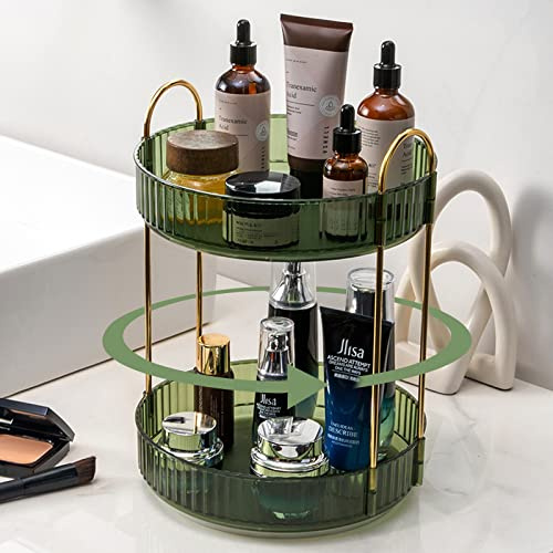 Shuang Qing Drehbarer Make-up-Organizer für Schminktisch, 2 Etagen, hohe Kapazität, Hautpflege, transparent, Make-up-Aufbewahrung, Parfüm-Organizer, Kosmetik-Kommode, 360 Grad drehbar, Grün