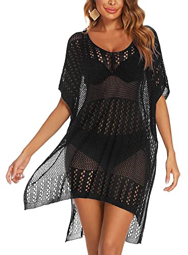 JFAN Vestido de Playa Mujer Verano con Cuello V Casual Pareos Vestido Crochet Mujer Cover up Playa Negro
