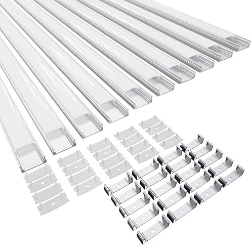 Profilé LED, Profilé LED en Aluminium 10 x 40CM avec Couvercle PC Laiteux, Embouts et Clip de Montage pour Bande LED (10 PACK)