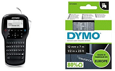 DYMO LabelManager 280 Tragbares Beschriftungsgerät - für D1 Etiketten in 6, 9 und 12mm Breite & Original D1-Etikettenband - weiß auf transparent | 12 mm x 7 m