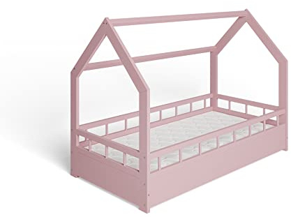 ms factory Hausbett mit Matratze Kinderbett 80x160 cm mit Rausfallschutz und Lattenrost - Einzelbett aus Kiefernholz für Mädchen und Junge - Rosa