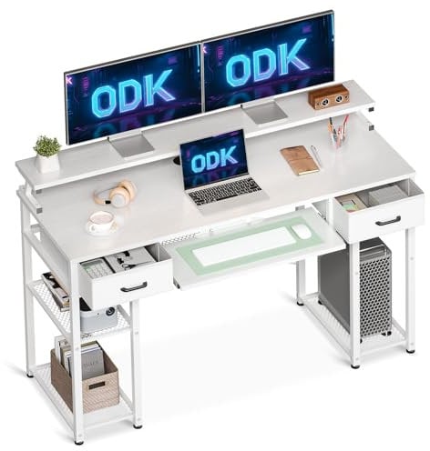 ODK Escritorio de Ordenador, Escritorio con 2 Cajones y Bandeja para Teclado, Escritorio de Oficina con Soporte para Monitor, Mesa de Escritorio con Estante Reversible para Oficina (Blanco)