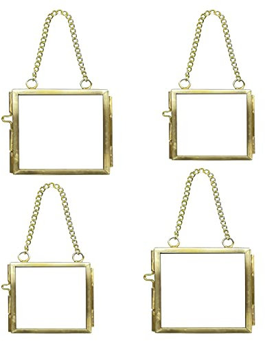 Mini Hanging Photo Frames, 4Pcs Metal Double Glass Frame, Antique Gold Floating Glass for Dried Flowers Leaves, DIY Artwork Display, 6/8cm