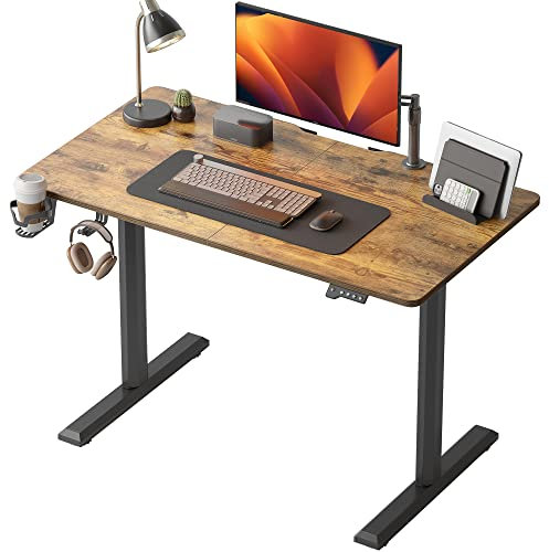 Cubiker 110 x 60 cm Schreibtisch Höhenverstellbarer Elektroschreibtisch, Stehpult, Anti-kollisions System, T-Beine Aus Stahl Mit 3-Funktions-Memory-Steuerung, Räder, Schwarz Rahmen/Braun Tischplatte