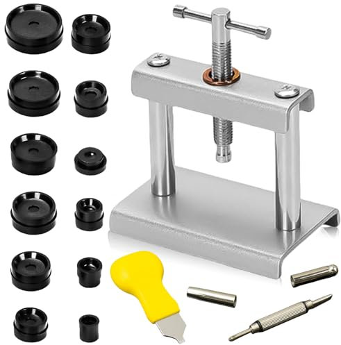 Uhr Presse Set: 15 Teilig Uhrenwerkzeug Set Einpresswerkzeug Uhrenpresse Gehäuseschließer mit 12 Druckplatten Kunststoffeinsätze, Uhrendeckelpresse Reparatur Werkzeug für Uhren Reparatur(Schwarz)