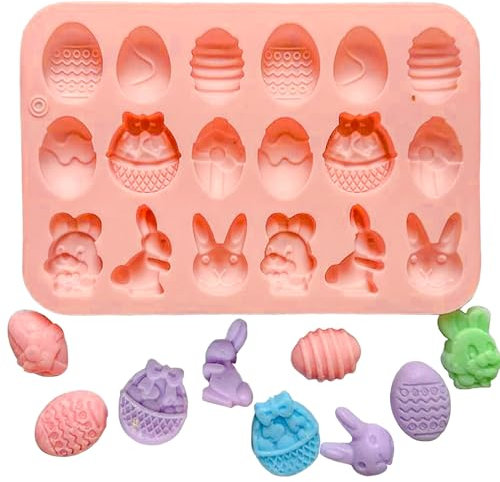 KEELYY 1 Stampo per Cioccolatini Pasquali in Silicone, Stampi in Silicone con 18 Cavità a Forma di Coniglio/Uova di Pasqua/Testa di Coniglio/Cestello, per Cioccolato, Caramelle, Gelatina