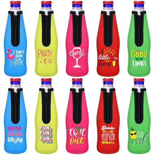 Dingion 10 Pcs Summer Beer Bottle Insulator Sleeve with Zipper Insulated Bottle Jackets Keep Warm and Cold Beer Bottle Sleeves with Stitched Fabric Edges for Pool Beach Party Favors