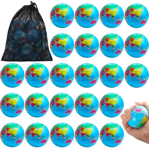 Cptoion 24 Stück Stressball Globus Klein, 6,35 cm Antistressball Welt Stressbälle, Weicher Globus Schaumstoff Stressball Spielzeug für Kinder Erwachsene Fingerübungen Schulparty-Geschenke