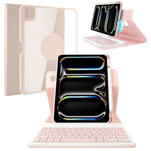 LAMA 360° drehbare Tastaturhülle Kompatibel mit iPad Pro 11 Zoll (M4) 2024 (A2836/A2837/A3006), Hülle mit Tastatur magnetische Schützhülle, abnehmbare kabellose Bluetooth Tastaturhülle (QWERTZ, Rosa)