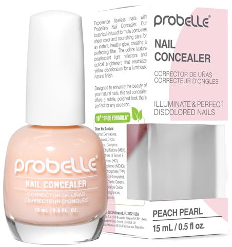 Probelle Illuminating Nail Concealer, Sheer Long Lasting Brightening Nail Polish for yellowing discolored nails, perfect finish for damaged nails with imperfections, Vegan, Gluten Free, Peach Pearl