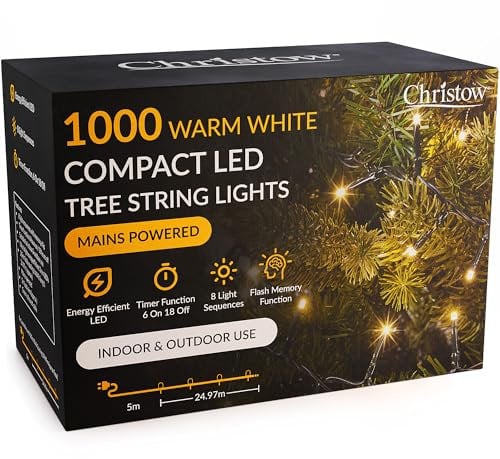 CHRISTOW 7ft Christmas Tree Lights, 1000 Warm White LED Fairy Lights with Timer, 8 Light Modes, Energy Efficient 3mm LEDs, Indoor & Outdoor, Mains Powered, Green Cable (24.97m Lit Length)