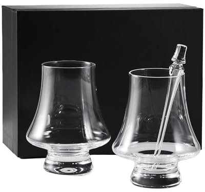 Lily's Home Set di 2 bicchieri da whisky Bourbon in cristallo trasparente, in confezione regalo con contagocce in vetro, bordo stretto, perfetti per whisky scozzese, 260 ml.