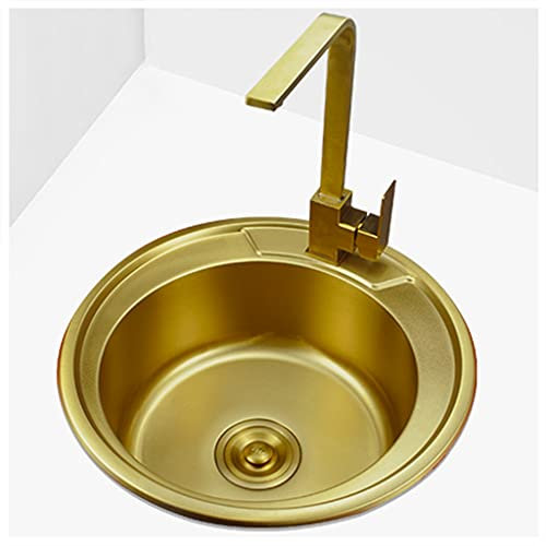 JXDWTL Fregadero de Cocina de un Solo tazón Fregadero Redondo de Barra Dorada Fregadero de baño de Acero Inoxidable 304 con Grifo y Kit de instalación Empotrado o bajo encimera