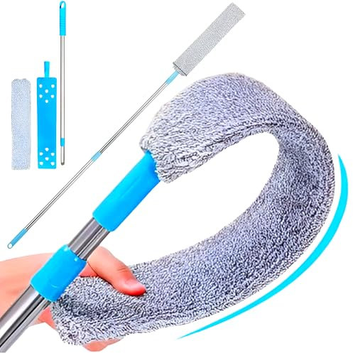 Plumero Microfibra Telescópico Extensible Limpia Polvo con Mango Ajustable de Acero Inoxidable, Cabeza Flexible y Lavable para Hogar, Sofá, Muebles, Radiadores y Espacios Reducidos