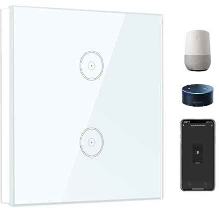 UseeLink Zigbee Smart Light Switch WiFi 2 Gang 1 Way Compatible with Alexa and Google Home,Touch Light Switches White Glass Panel Tuya Smart Life App