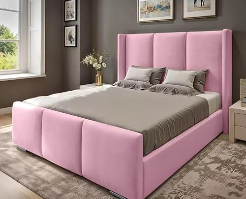 4FT Small Double Ottoman Storage Solid Divan Base Bed With Mattress Wing Panel Headboard Upholstered in pink Plush Velvet Bed Frame End Lift (Pink, 4FT Small Double Bed With Storage And Mattress)