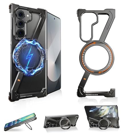 NIFBANG Z Shape Phone Case for Samsung Galaxy Z Fold 5 with Magsafe,360°Rotatable Kickstand Magnetic Ring Stand,Frameless Minimalist Protector Metal Cover,Shockproof Cases for Galaxy Z Fold 5,Black