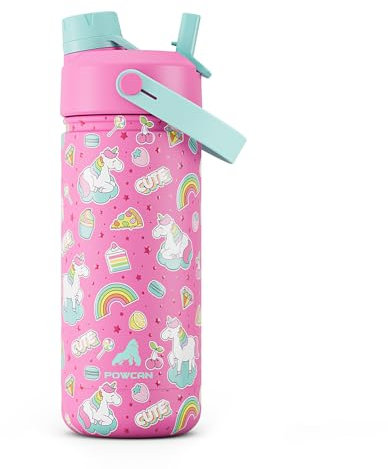 18 oz Kids Water Bottle for School: Leakproof, 2-in-1 Straw Spout Lid, BPA-Free, Easy Carry, Keep Cold 24H, Insulated Stainless Steel Cup for Backpack, Sports, Camping, Trip, Gift, Home (Cute Unicorn)