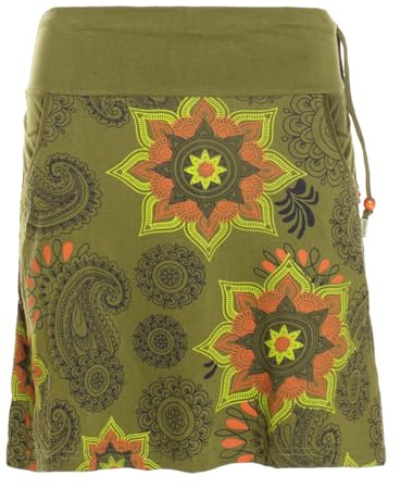 Vishes Alternative Bekleidung - Damen Mini-Rock Baumwolle Blumen-Muster extra breiter Bund mit Kordel-Zug und Taschen Olive 36