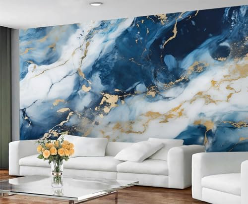 GIVLWF Blue Gold Marble Wallpaper, Marble Peel and Stick Wallpaper for Living Room, Watercolor Wall Murals for Bedroom, Nordic Luxury Large Mural & Room Decor, Not Self Adhesive Abstract Wall Paper