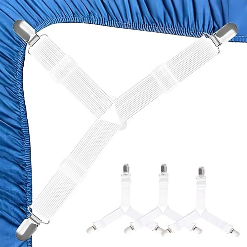 4 tensor sábana bajera, color blanco Aatta, correa para sábanas, colgando la sábana, bloque de sábanas, correas elásticas ajustables con pinzas metálicas para sábanas.