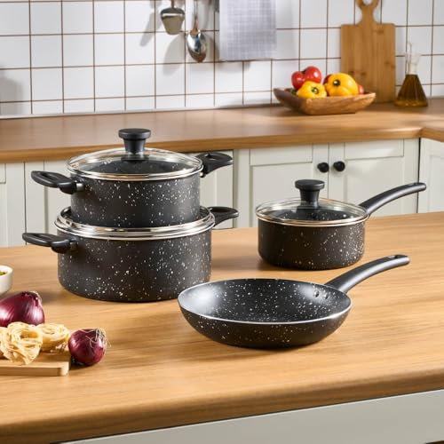 Cookplus Aura Roller 7-tlg Topfset Induktion, Kochgeschirr-Set mit Deckeln, Spülmaschinenfeste Töpfe & Bratpfanne, Kochtopf Set Antihaft, Schwarz