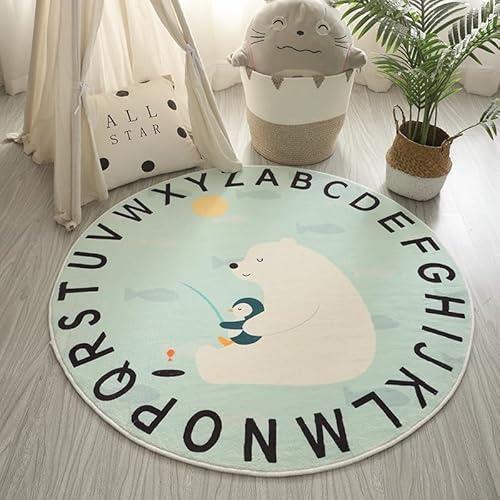 Runder Cartoon-Teppich für Kinder, Spielmatte, 80 cm, rund, rutschfest, Eisbär, Pinguin, Tierteppich, waschbar, schmutzabweisend, weich, Krabbelteppich für Baby, Kinderzimmer, Spielzimmer, Boden