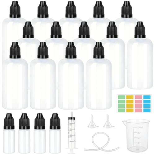 Furuising 14Stk Liquid Flaschen 100ml, Leer Tropfflasche mit Pipette, Pipettenflasche Plastik Gross mit 4 X 10ml Quetschflaschen, Spritze, Messbecher,Trichter zum Mischen von Flüssigkeiten
