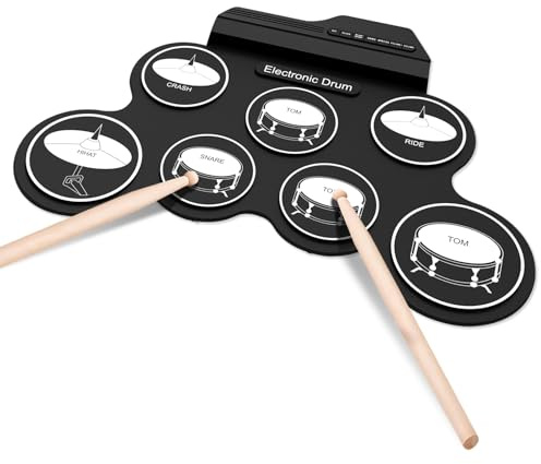 7 Platten Elektronische Trommel, Elektronische Rack-Trommel für Anfänger, Klappbar und tragbar, Elektronische Schlagzeug für Anfänger, Elektronische Trommelplatte mit 2 Fußpedalen und Schlagfänger
