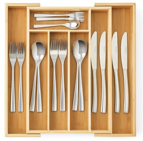 Innoteck Bamboo Expandable Cutlery Tray with 20-Piece Stainless Steel Cutlery Set – Adjustable 5–7 Compartment Drawer Organiser & Mirror-Polished Silverware Set for 4
