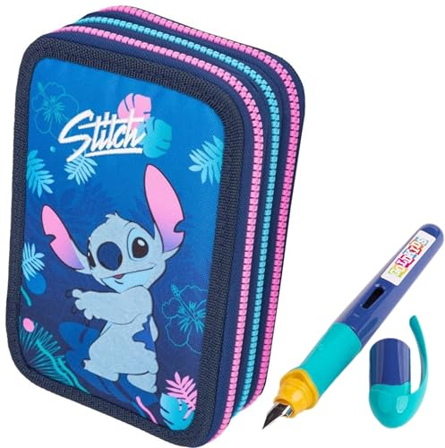 PASO - Federmäppchen 3 Fächer - Mäppchen für Mädchen und Jungen - Federmappe 3-Fach Federtasche Gefüllte Schüleretui Schulmäppchen und Füller- Stitch