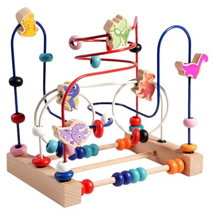 Liqzirtu Perlenlabyrinth-Spiel, Perlenlabyrinth-Spielzeug, Roller Coaster Holzspielzeug Motorikschleife aus Holz | Buntes Achterbahnspiel mit Dinosauriergrafiken für Jungens Mädchen