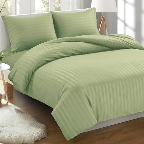 Elegant Comfort Luxurious Wrinkle Resistant 3-Piece Damask Stripe Duvet Cover Set, Cotton, Sage/Green, Queen