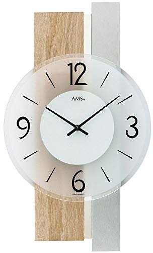AMS 9554 Wanduhr Quarz Analog Silbern Modern Holz Sonoma Optik mit Glas