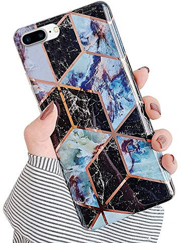 QPOLLY Schutzhülle für iPhone 7 Plus/8 Plus, Marmor, glänzend, Glitzer, Glitzer, Bling, Marmor-Muster, ultradünn, weich, TPU, Silikon, stoßfest, Schwarz