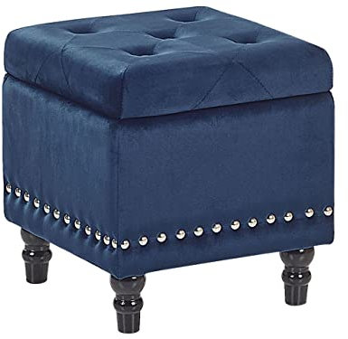Beliani Hocker mit Stauraum und Nieten quadratisch Samt dunkelblau Glamour Look Loretto